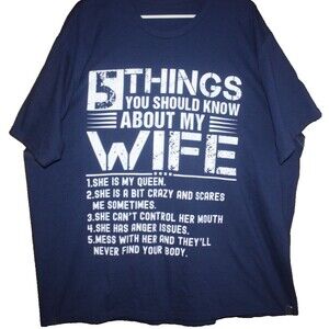 5 Things You Should Know About My Wife- T-Shirt Funny Men's Size 3XL Navy SS NWT